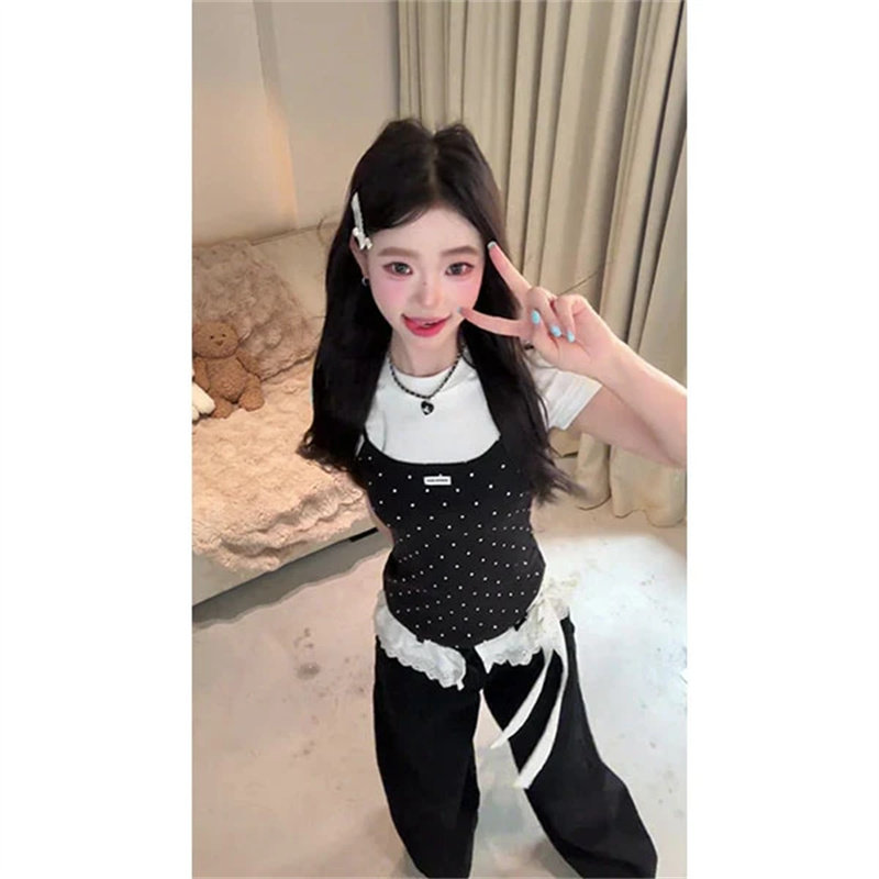 정가 재고 있음 배색 패치워크 페이크 레이어드 도트 무늬 반팔 티셔츠 여성 디자인 센스 다용도 몸매 가꾸기 슬림해 보이는 맨위