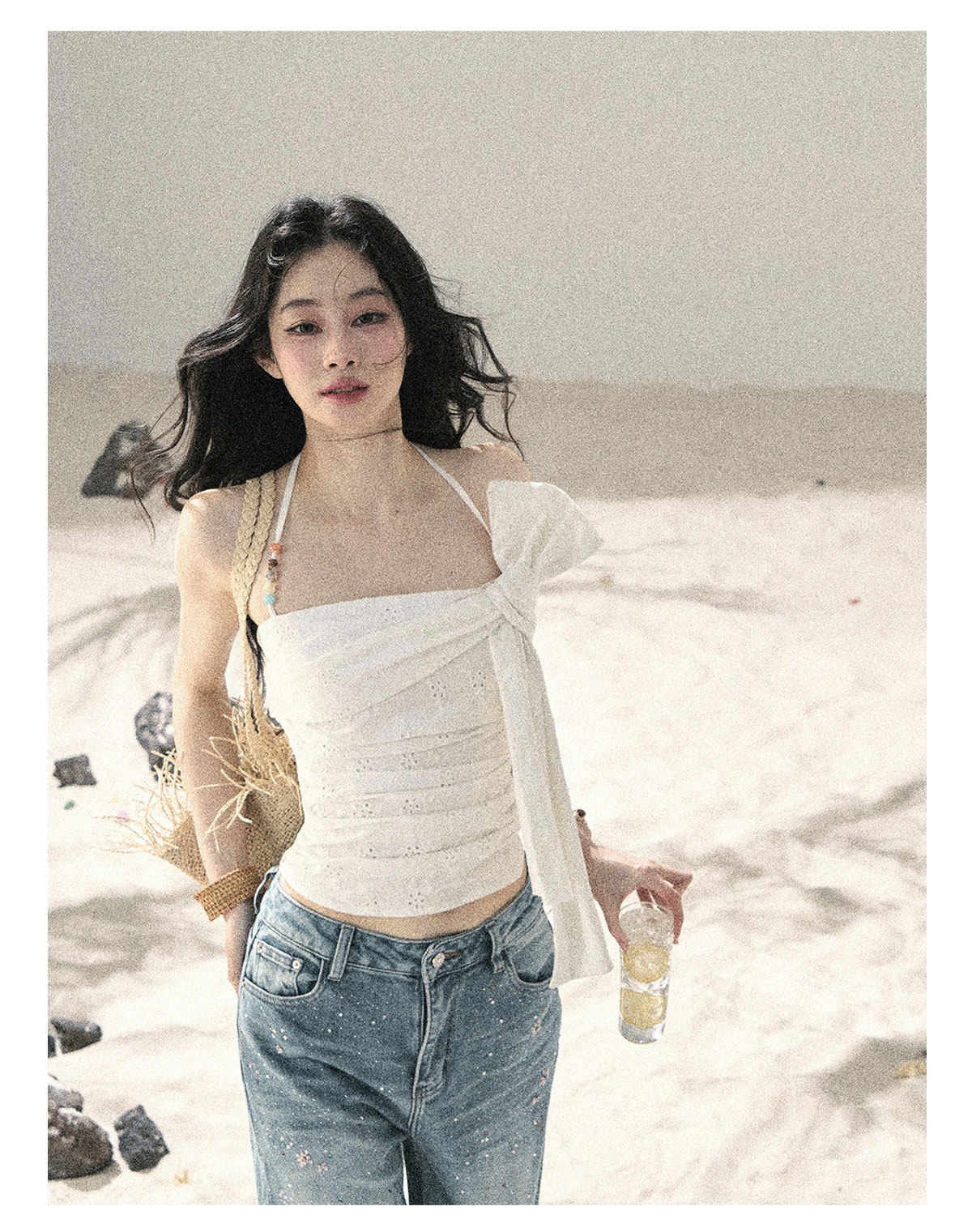정가 순수한 욕망 부드러운 바람 행침 목 홀로우 아웃 주름 티셔츠 여성 여름 새로운 자이언트 잘 생긴 비틀림 작은 맨위