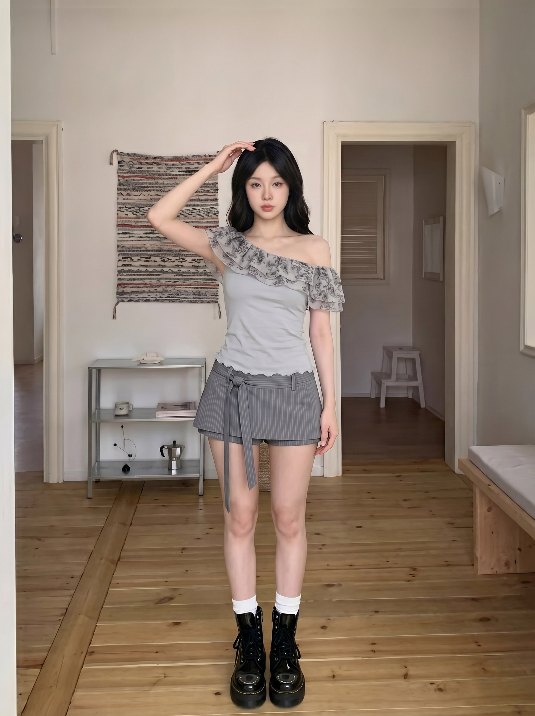 정가 한 부서 프릴 패치워크 비스듬한 어깨 티셔츠 여성 여름 새로운 디자인 센스 몸매 가꾸기 다용도 맨위