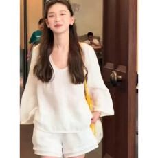 批发实价通勤休闲风<b class='q'>长袖</b>防晒<b class='q'>衬衫</b>女2026夏季新款高腰显瘦短裤套装
