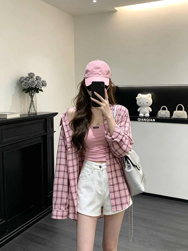 정가 달콤함 느긋한 바람 체크무늬 태양 보호 셔츠 캐미솔 여름 새로운 넓은 다리가 짧다. 바지 3종 세트