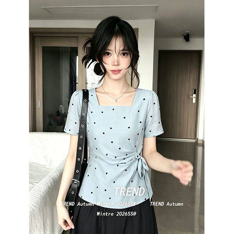 정가 프랑스식 부드러운 달콤한 미국 칼라 도트 무늬 반팔 여성 셔츠 여름 새로운 디자인 센스 슬림해 보이는 맨위