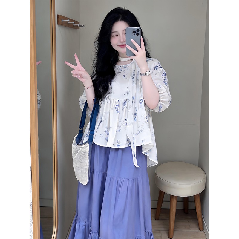정가 한 부서 부드러운 라운드 넥 거품 소매 꽃무늬 여성 셔츠 여름 새로운 보라색 반신 스커트 투피스 세트
