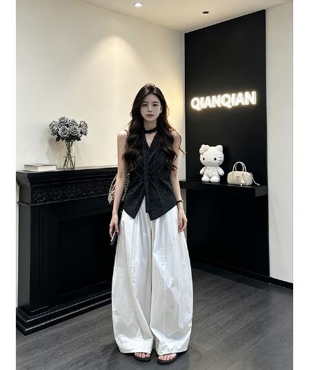 정가 한 부서 느긋한 바람 행침 목 V넥 디자인 맨위 여성 여름 다용도 루즈핏 와이드 레그 팬츠 세트