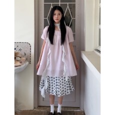 批发实价韩系少女风<b class='q'>蕾丝</b>V领宽松上衣女夏季温柔波点半身裙<b class='q'>套装</b>