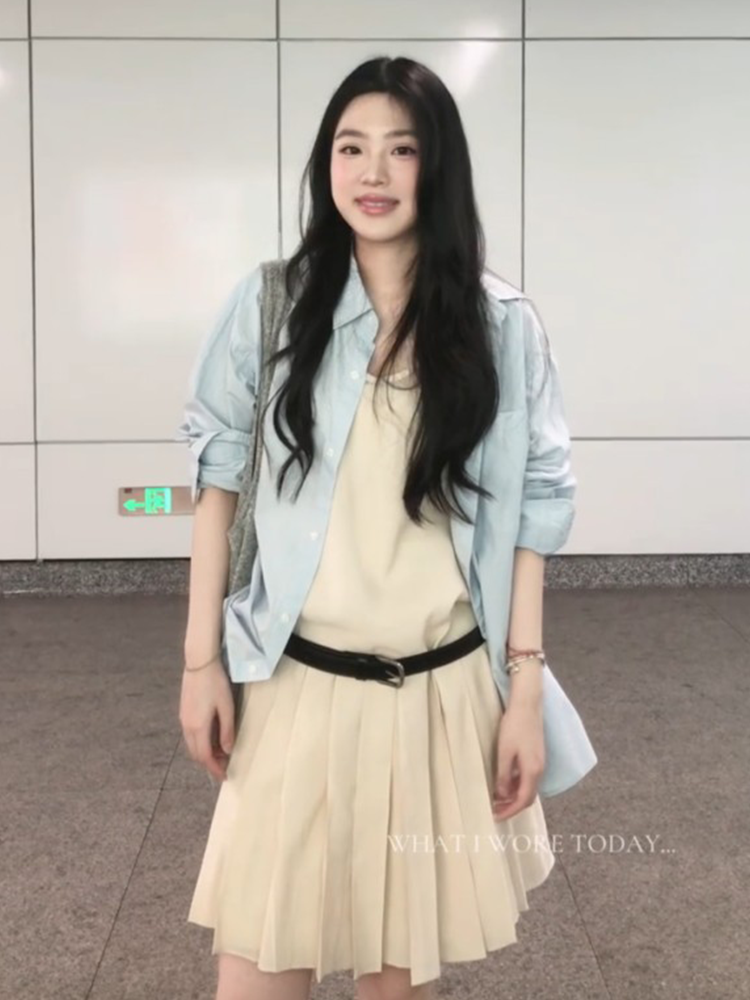 정가 재고 있음 한 부서 파란색 POLO 칼라 긴팔 자외선 차단 셔츠 여름 민소매 플리츠 조끼 원피스 세트