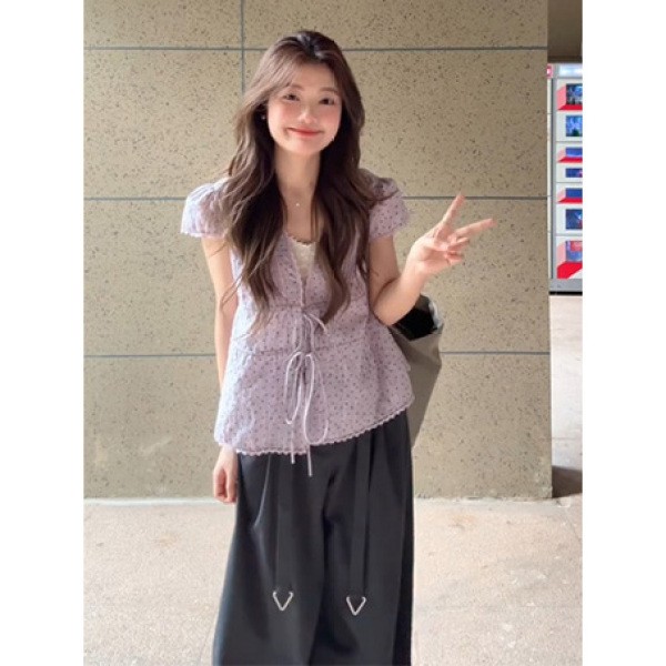 정가 한 부서 캐주얼 연한 자주색 홀로우 아웃 V넥 펌프 로프 반팔 여성 여름 리본 플리츠 넓은 다리 캐주얼 바지 세트