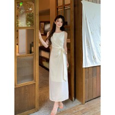 批发实价韩系名媛风无袖背心连衣裙女搭配新款系带收腰显瘦长裙
