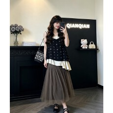 批发实价韩系轻奢风假两件不规则下摆<b class='q'>吊带</b><b class='q'>背心</b>女网纱半身裙套装