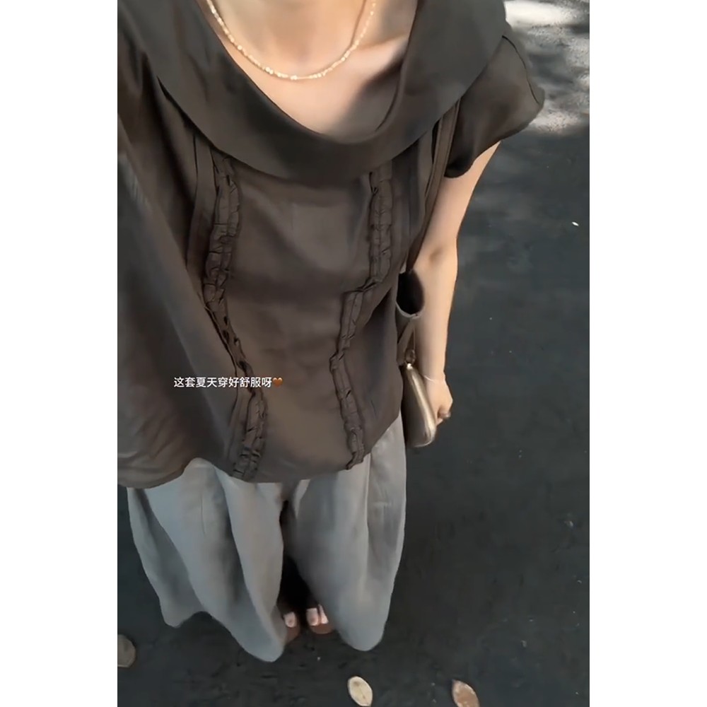 정가 프랑스식 오래된 돈 바람 프릴 흔들다 칼라 민소매 셔츠 코디 여름 새로운 와이드 레그 팬츠 세트