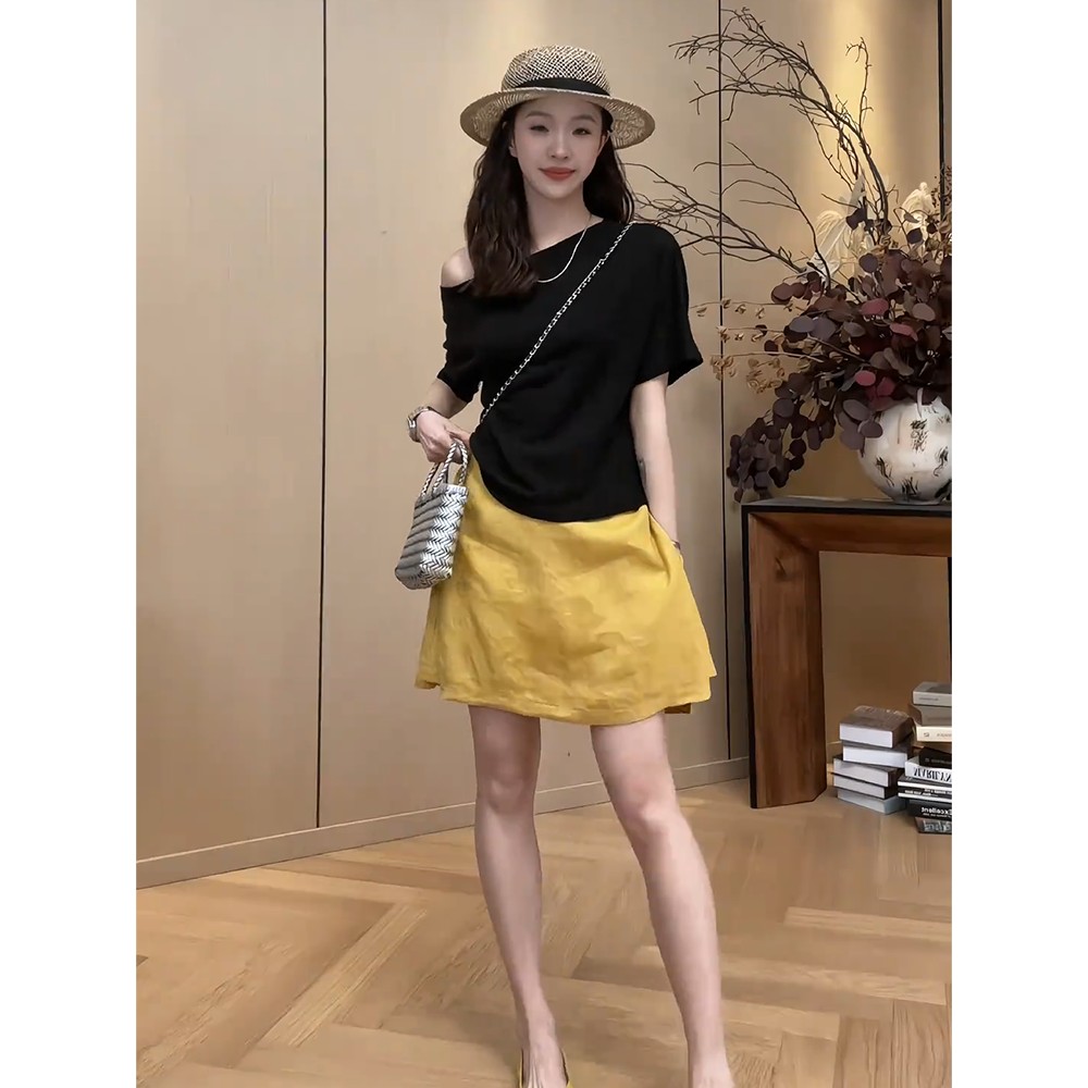 정가 프랑스식 비스듬한 칼라 오프숄더 반팔 티셔츠 맨위 여성 여름 새로운 하이웨이스트 반신 치마바지 세트