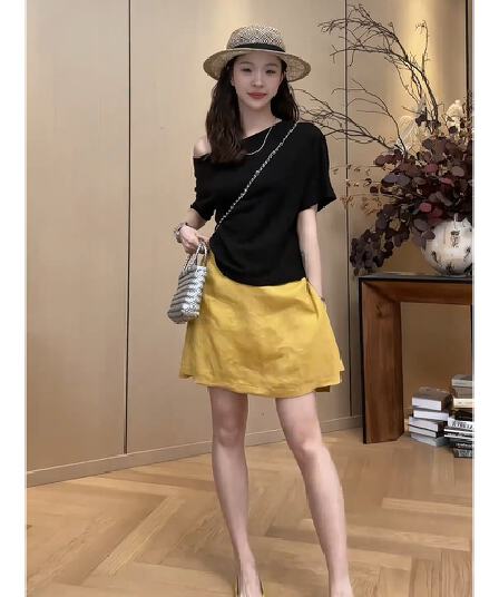 정가 프랑스식 비스듬한 칼라 오프숄더 반팔 티셔츠 맨위 여성 여름 새로운 하이웨이스트 반신 치마바지 세트
