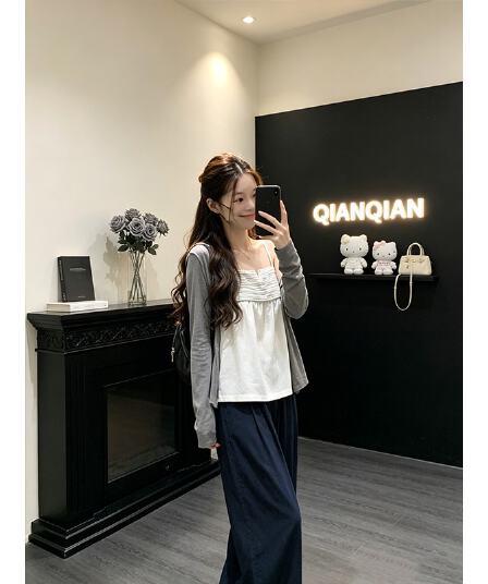정가 한 부서 달콤한 스타일 핀치 Pleat 캐미솔 얇은 스타일 자외선 차단 오픈 가디건 여성 루즈핏 와이드 레그 팬츠 세트