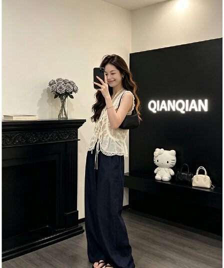정가 한 부서 부드러운 바람 V넥 레이스업 민소매 조끼 맨위 여성 새로운 슬림해 보이는 와이드 레그 팬츠 세트