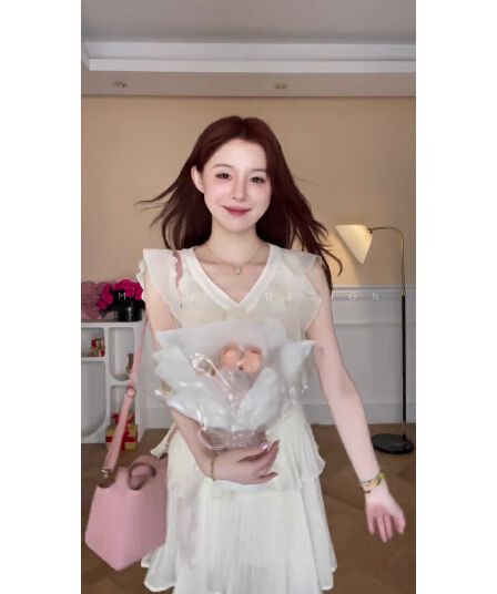 정가 한 부서 부드러운 바람 V넥 레이스업 프릴 맨위 여성 여름 하이웨이스트 한 마디 반신 치마 세트