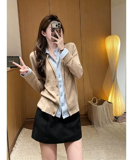 정가 프랑스식 페이크 레이어드 배색 니트 오픈 가디건 여성 여름 하이웨이스트 한 마디 반신 스커트 투피스 슈트