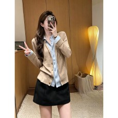 批发实价法式假两件撞色<b class='q'>针织</b><b class='q'>开衫</b>女夏季高腰A字半身裙两件套装