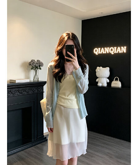 정가 한 부서 패션 자외선 차단 얇은 스타일 오픈 가디건 인사이드 가져 가라. 캐미솔 망사 패치워크 반신 스커트