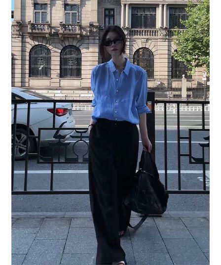 정가 출퇴근 바람 파란색 얇은 스타일 긴팔 셔츠 맨위 여성 여름 하이웨이스트 넓은 다리 캐주얼 바지 세트