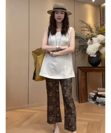 정가 한 부서 레트로 루즈핏 민소매 조끼 맨위 여성 여름 디자인 센스 하이웨이스트 캐주얼 바지 세트