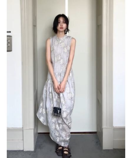 정가 부드러운 바람 꽃 민소매 조끼 여성 드레스 여름 불규칙 품격 슬림해 보이는 길다 치마