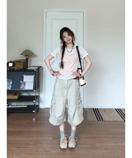 정가 한 부서 망사 페이크 레이어드 조끼 패치워크 반팔 티셔츠 여성 기타 주머니 7부 바지 투피스 세트