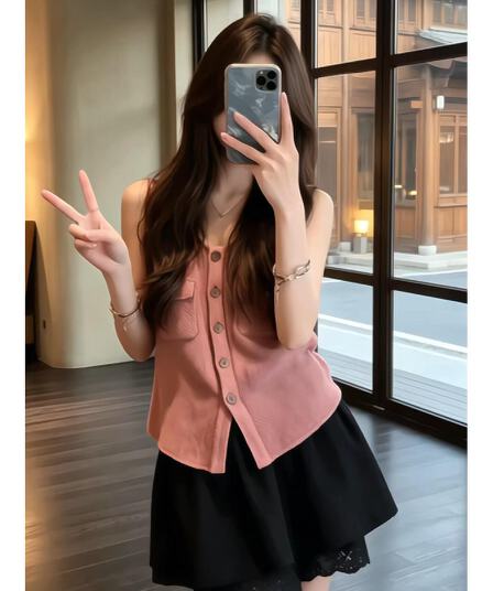 정가 한 부서 연령 감소 민소매 베스트 조끼 맨위 여성 여름 검정색 레이스 레이스 치마바지 세트