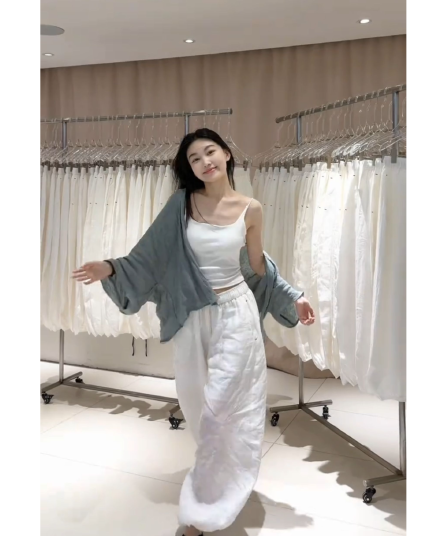 정가 한 부서 느긋한 바람 루즈핏 얇은 스타일 자외선 차단 오픈 가디건 여성 여름 하이웨이스트 넓은 다리 캐주얼 바지 세트