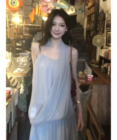 정가 프랑스식 휴가 바람 핀치 Pleat 행침 목 맨위 여성 여름 디자인 센스 하이웨이스트 반신 치마 세트