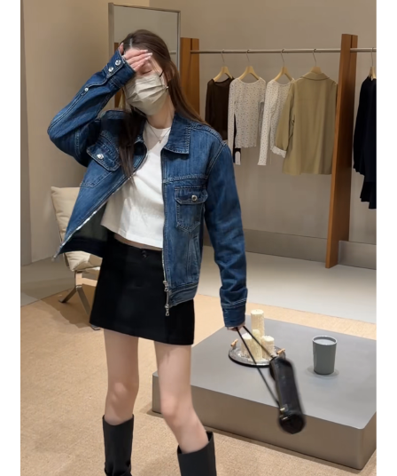 정가 한 부서 레트로 파란색 긴팔 데님 여성 코트 이른 가을 하이웨이스트 한 마디 반신 스커트 투피스 세트