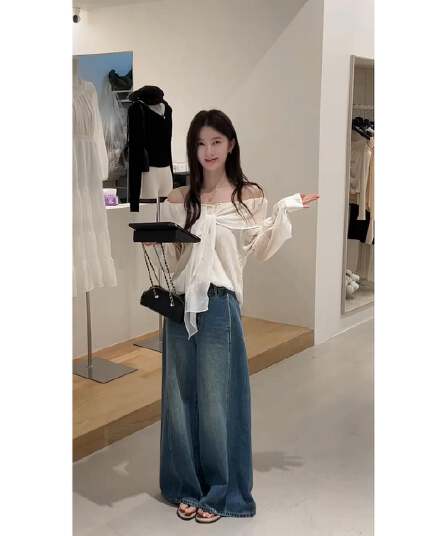 정가 한 부서 부드러운 바람 오프숄더 허리 수축 맨위 코디 루즈핏 캐주얼 데님 넓은 다리 길이 바지 세트