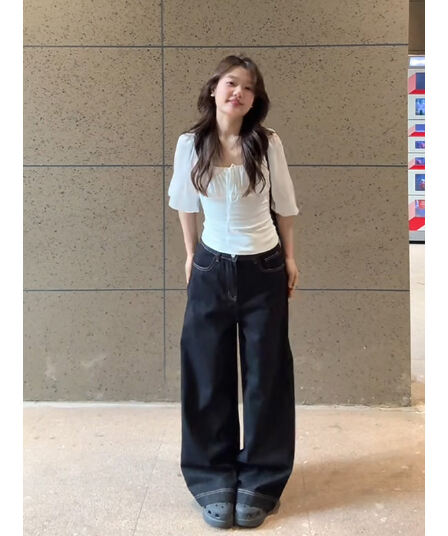 정가 한 부서 소녀 바람 광장 칼라 중간 소매 작은 셔츠 맨위 여성 루즈핏 슬림해 보이는 넓은 다리 청바지 세트