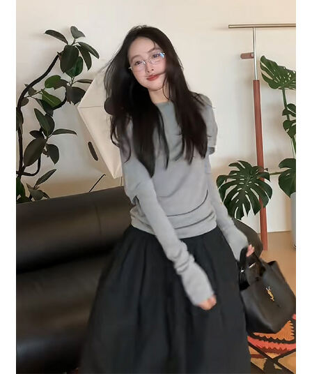 정가 한 부서 연령 감소 페이크 레이어드 숄 긴팔 니트 스웨터 맨위 하이웨이스트 한 마디 반신 치마 세트