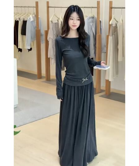 정가 한 부서 느긋한 바람 몸매 가꾸기 긴팔 티셔츠 맨위 여성 품격 하이웨이스트 슬림해 보이는 반신 치마 세트
