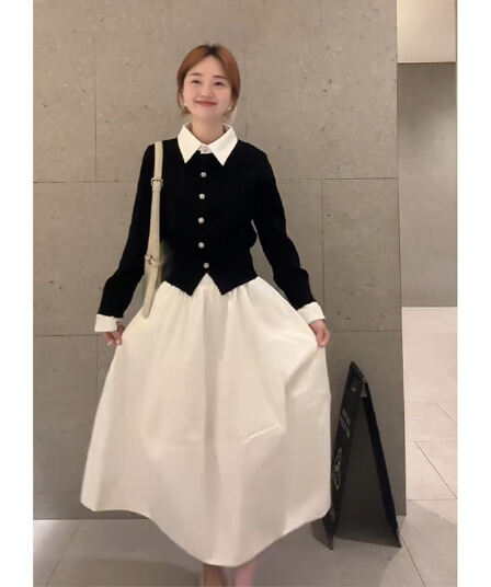 정가 부드러운 바람 디자인 센스 폴로 칼라 페이크 레이어드 맨위 여성 가을 코디 꽃밭 반신 치마 세트
