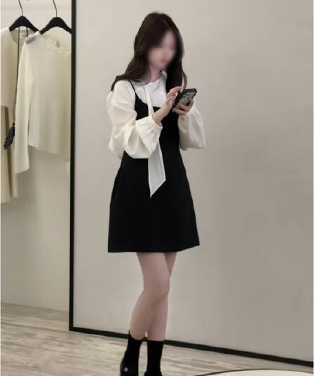 정가 재고 있음 부드러운 소녀 센스 검정색 슬립 여성 드레스 이른 가을 패션 리본 칼라 긴팔 셔츠 세트