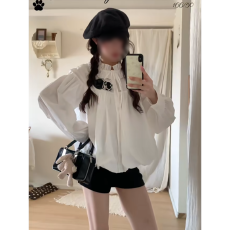 批发实价法式甜美风长袖花苞衬衫上衣女秋季高腰<b class='q'>显瘦</b>短<b class='q'>裤</b>套<b class='q'>装</b>