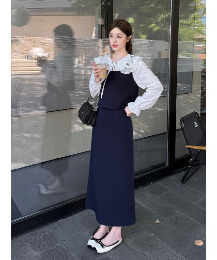 정가 프랑스식 작은 샤넬 스타일 베이비 칼라 긴팔 셔츠 조끼 가을 하이웨이스트 슬림해 보이는 반신 치마 세트