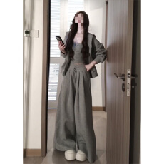 批发实价韩系灰色连帽卫衣外套吊带背心上<b class='q'>衣</b><b class='q'>女</b>高腰阔腿裤<b class='q'>三件</b>套