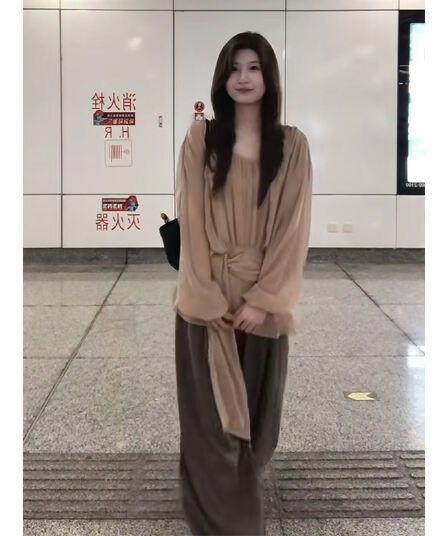 정가 프랑스식 레트로 펌프 Pleat 리본 허리 수축 긴팔 셔츠 맨위 하이웨이스트 넓은 다리 캐주얼 바지 세트