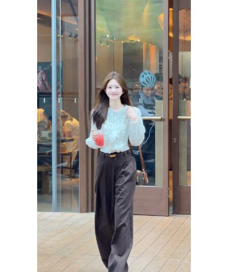 정가 이른 가을 한 부서 고급 센스 프릴 긴팔 여성 셔츠 코디 하이웨이스트 루즈핏 와이드 레그 팬츠 세트