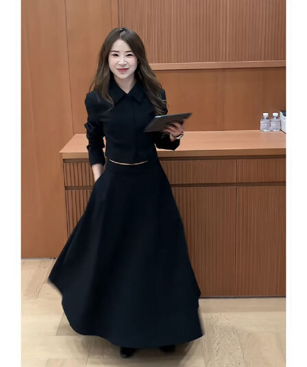 정가 한 부서 디자인 센스 폴로 칼라 쇼트 스타일 재킷 맨위 여성 하이웨이스트 슬림해 보이는 한 마디 반신 치마 세트