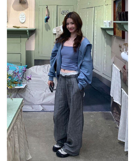 정가 한 부서 느슨함 센스 패션 후드 티 스웨터 여성 코트 가을 루즈핏 슬림해 보이는 와이드 레그 팬츠 세트