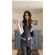 批发实价有货法式轻职风假两件条纹<b class='q'>衬衫</b>女秋季设计感宽松阔腿<b class='q'>裤</b><b class='q'>套装</b>