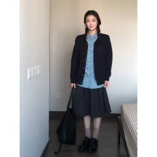 批发实价有货韩系慵懒风宽松开衫外套内搭翻领牛仔衬衫女<b class='q'>半身裙</b>三件套
