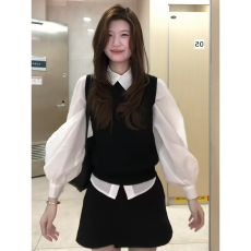 批发实价韩系学院风长袖衬衫叠穿马甲背心女高腰休闲半身裙三件套