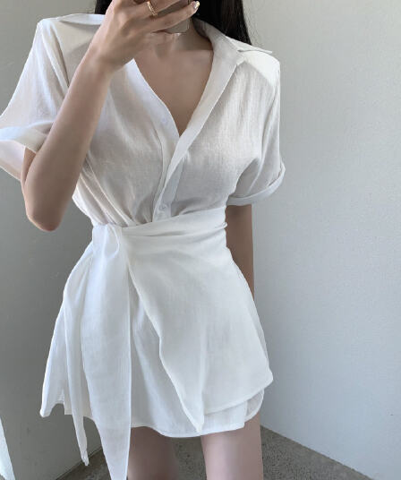 있음 선적 디자인 센스 스트랩 허리 수축 셔츠 하이웨이스트 넓은 다리가 짧다. 바지 세트 투피스 세트