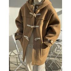 批发连帽牛角扣大衣女<b class='q'>中长款</b>冬季毛厚呢外套