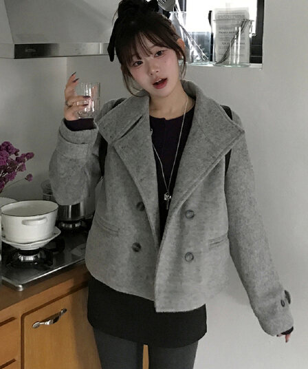 7 있음 선적 레트로 정장 칼라 이중 버튼 주머니 작은 대중 루즈핏 다용도 짧은 머리 여성 코트
