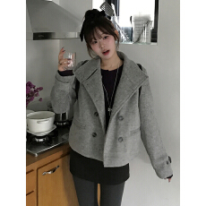 批发复古<b class='q'>西装</b>领<b class='q'>双排扣</b>口袋小众宽松百搭毛呢短外套女
